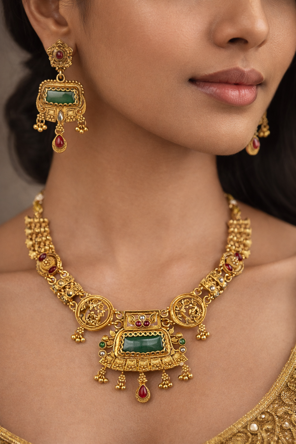Royal Temple Design Short Necklace Set with Green Enamel & Ruby Detailing – Antique Gold Finish Bridal Jewellery