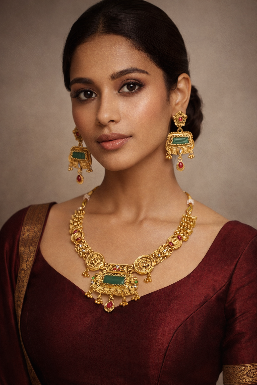 Royal Temple Design Short Necklace Set with Green Enamel & Ruby Detailing – Antique Gold Finish Bridal Jewellery