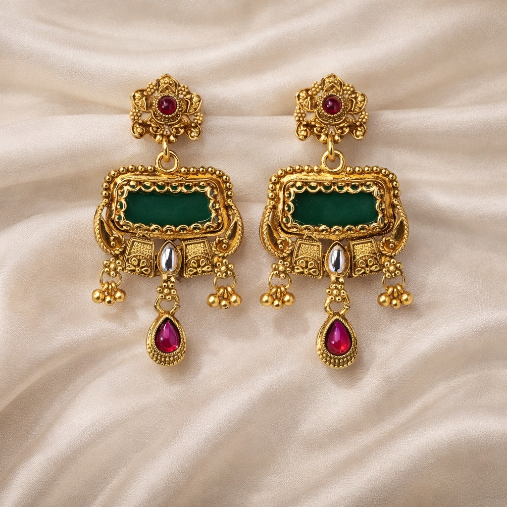 Royal Temple Design Short Necklace Set with Green Enamel & Ruby Detailing – Antique Gold Finish Bridal Jewellery
