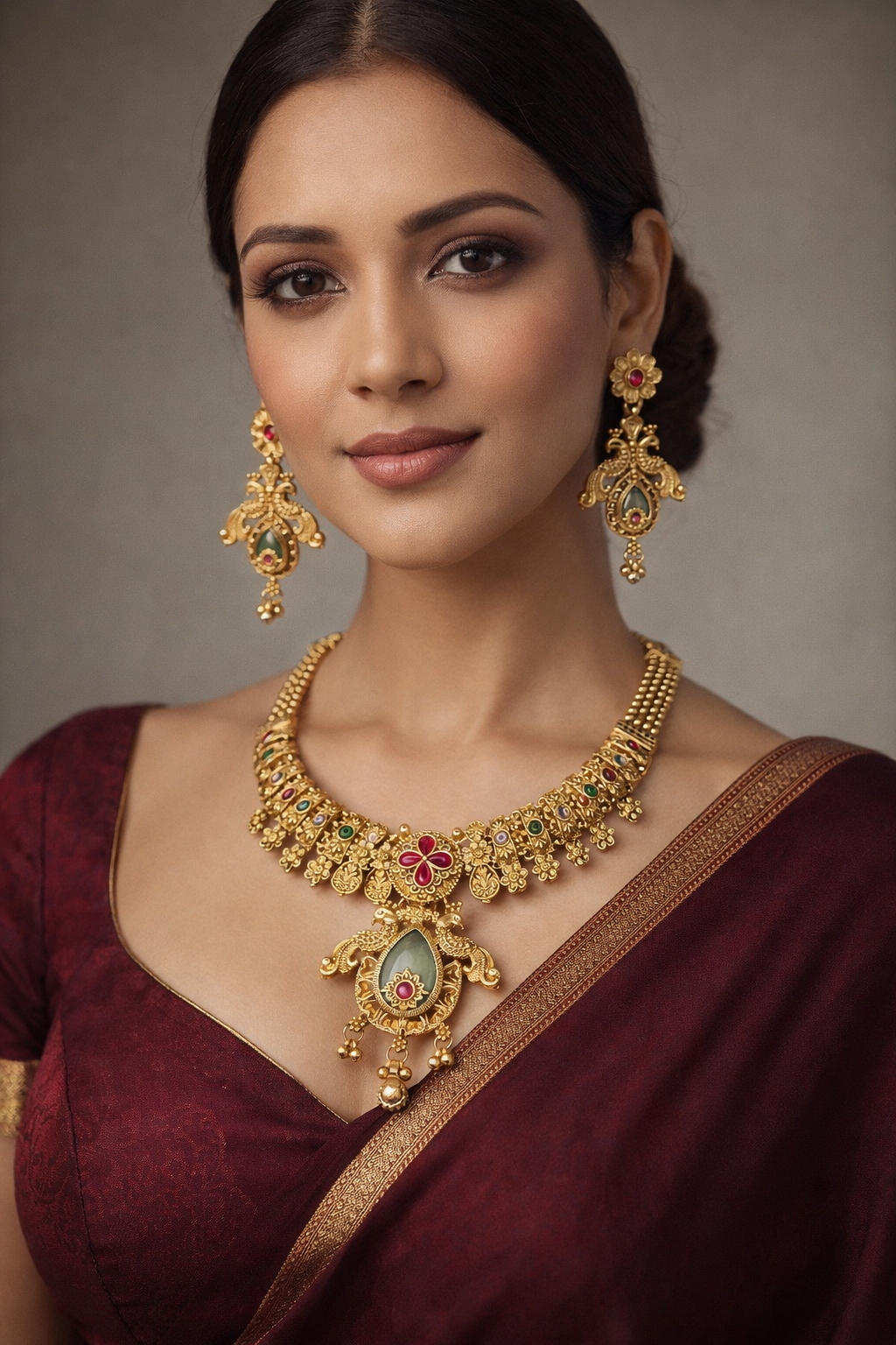Grand Temple Design Short Necklace with Multicolor Stone Work – Antique Gold Finish Bridal Jewellery Set