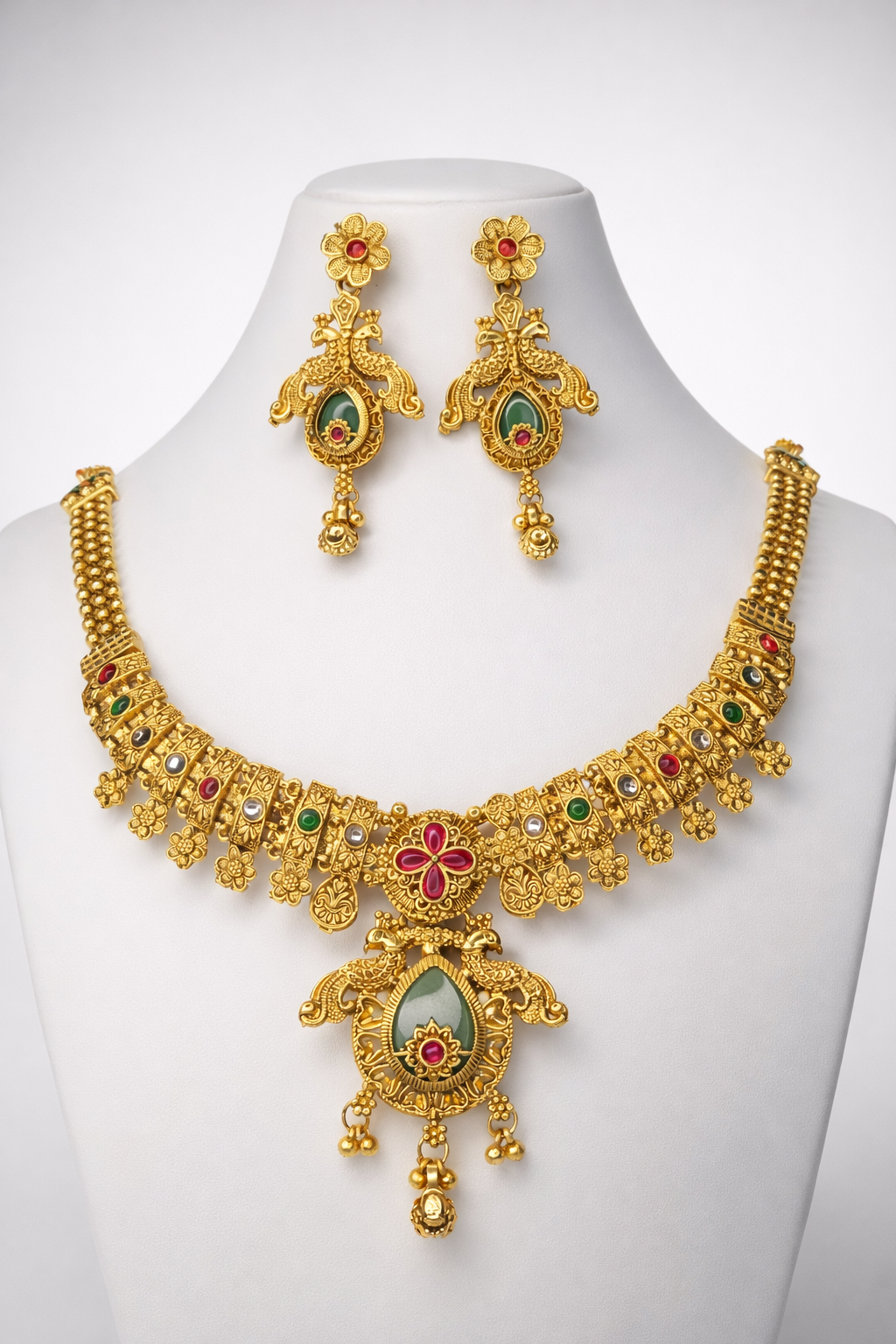 Grand Temple Design Short Necklace with Multicolor Stone Work – Antique Gold Finish Bridal Jewellery Set