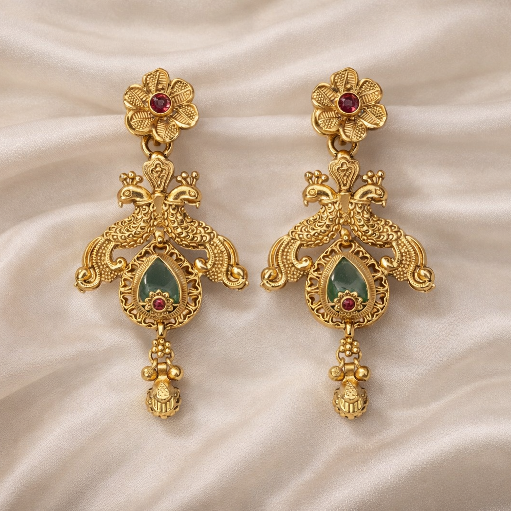 Grand Temple Design Short Necklace with Multicolor Stone Work – Antique Gold Finish Bridal Jewellery Set