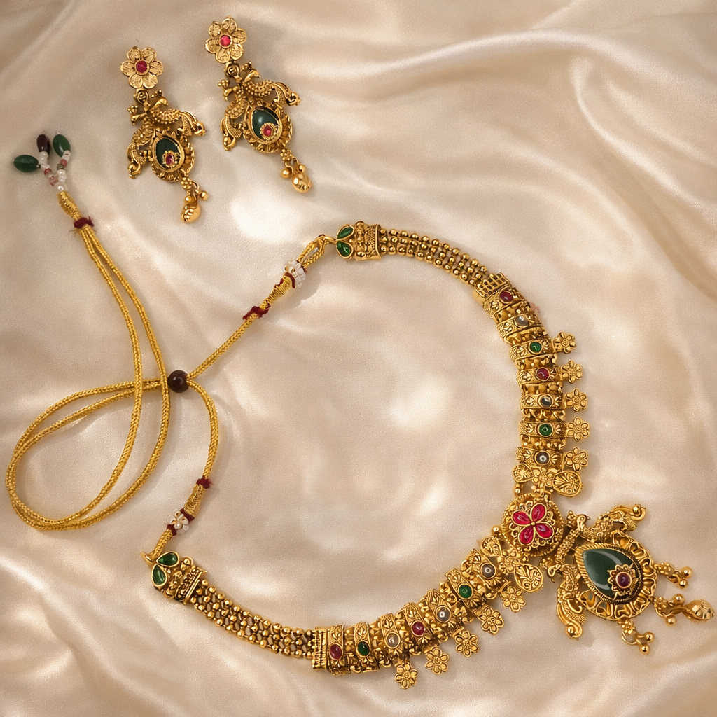 Grand Temple Design Short Necklace with Multicolor Stone Work – Antique Gold Finish Bridal Jewellery Set