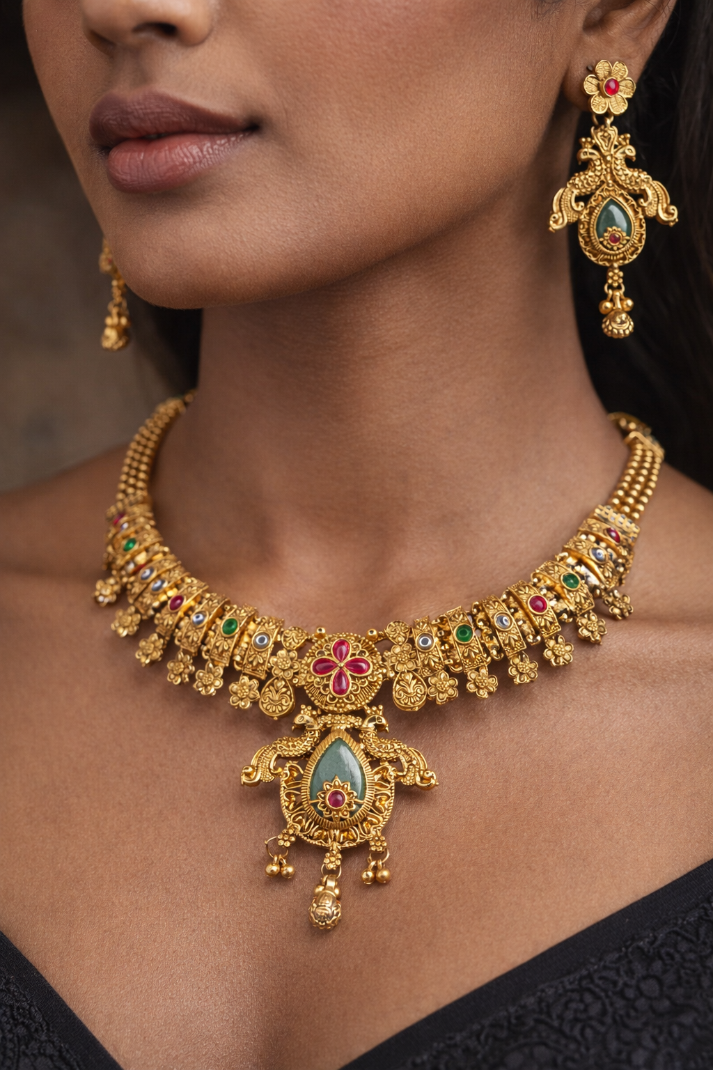 Grand Temple Design Short Necklace with Multicolor Stone Work – Antique Gold Finish Bridal Jewellery Set
