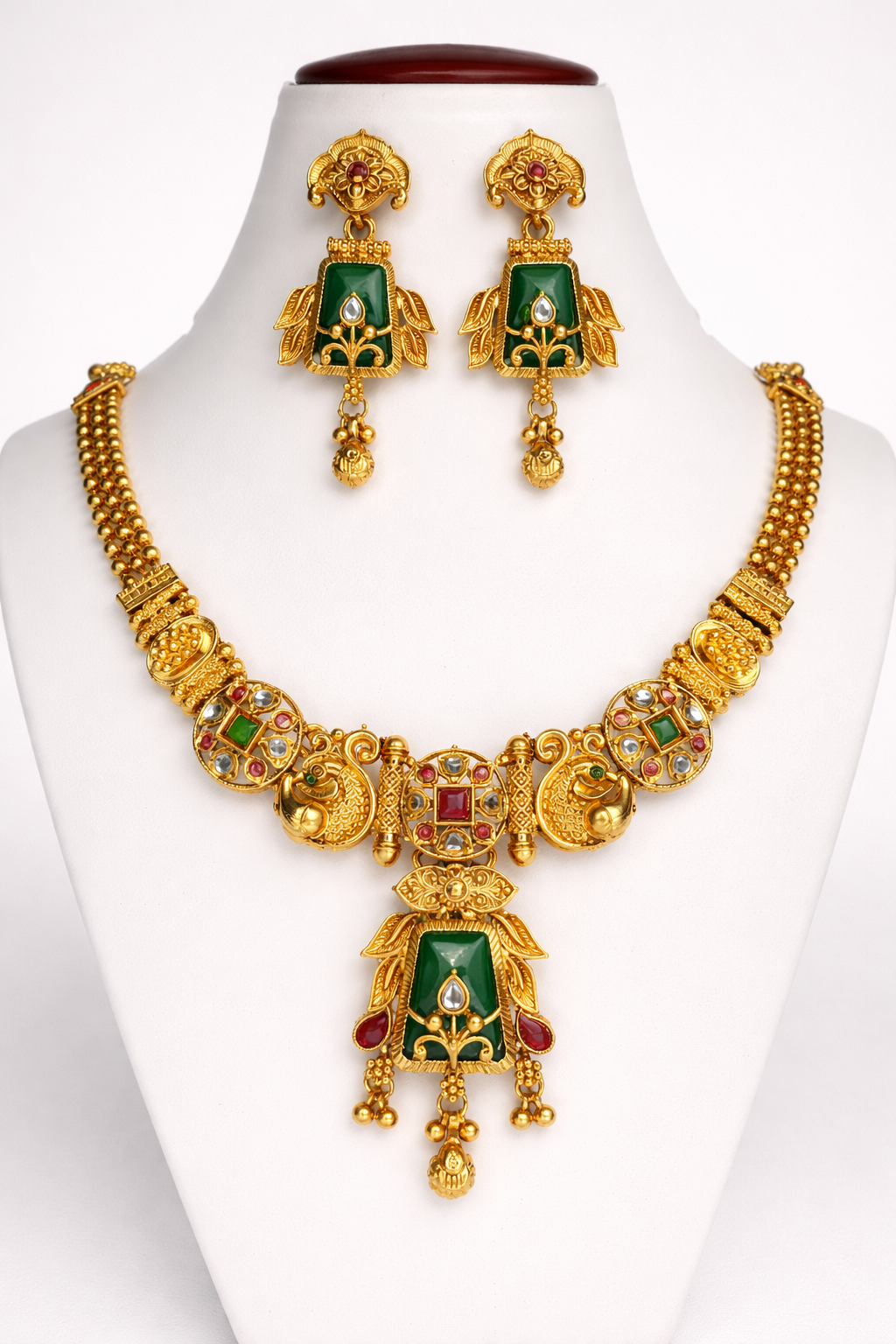 Majestic Temple Design Short Necklace with Green Stone Pendant – Antique Gold Finish Bridal Jewellery Set
