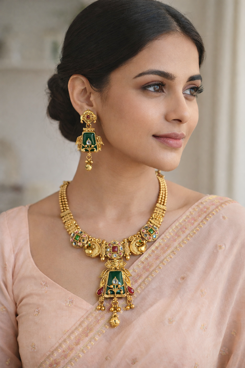 Majestic Temple Design Short Necklace with Green Stone Pendant – Antique Gold Finish Bridal Jewellery Set