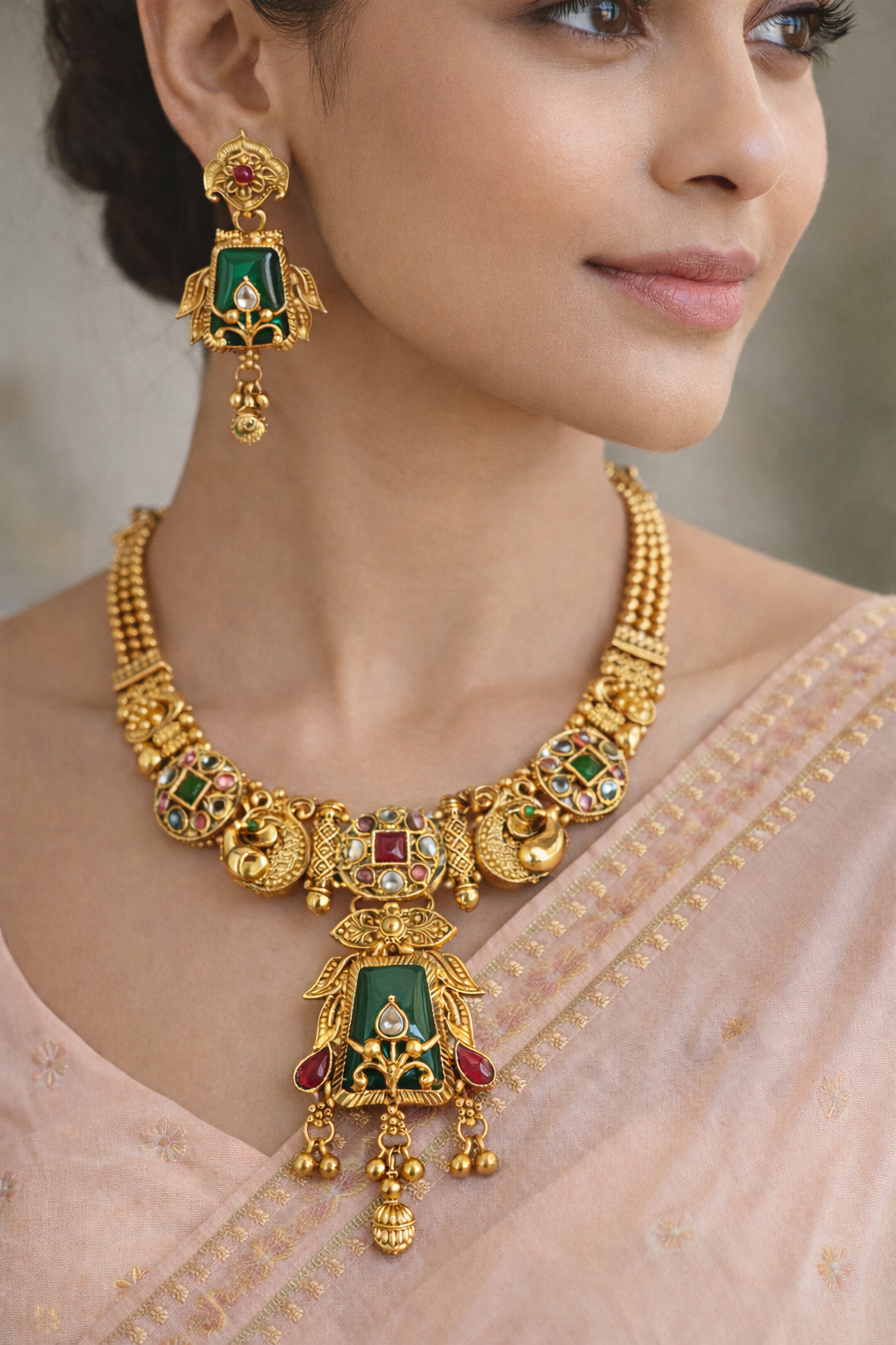 Majestic Temple Design Short Necklace with Green Stone Pendant – Antique Gold Finish Bridal Jewellery Set