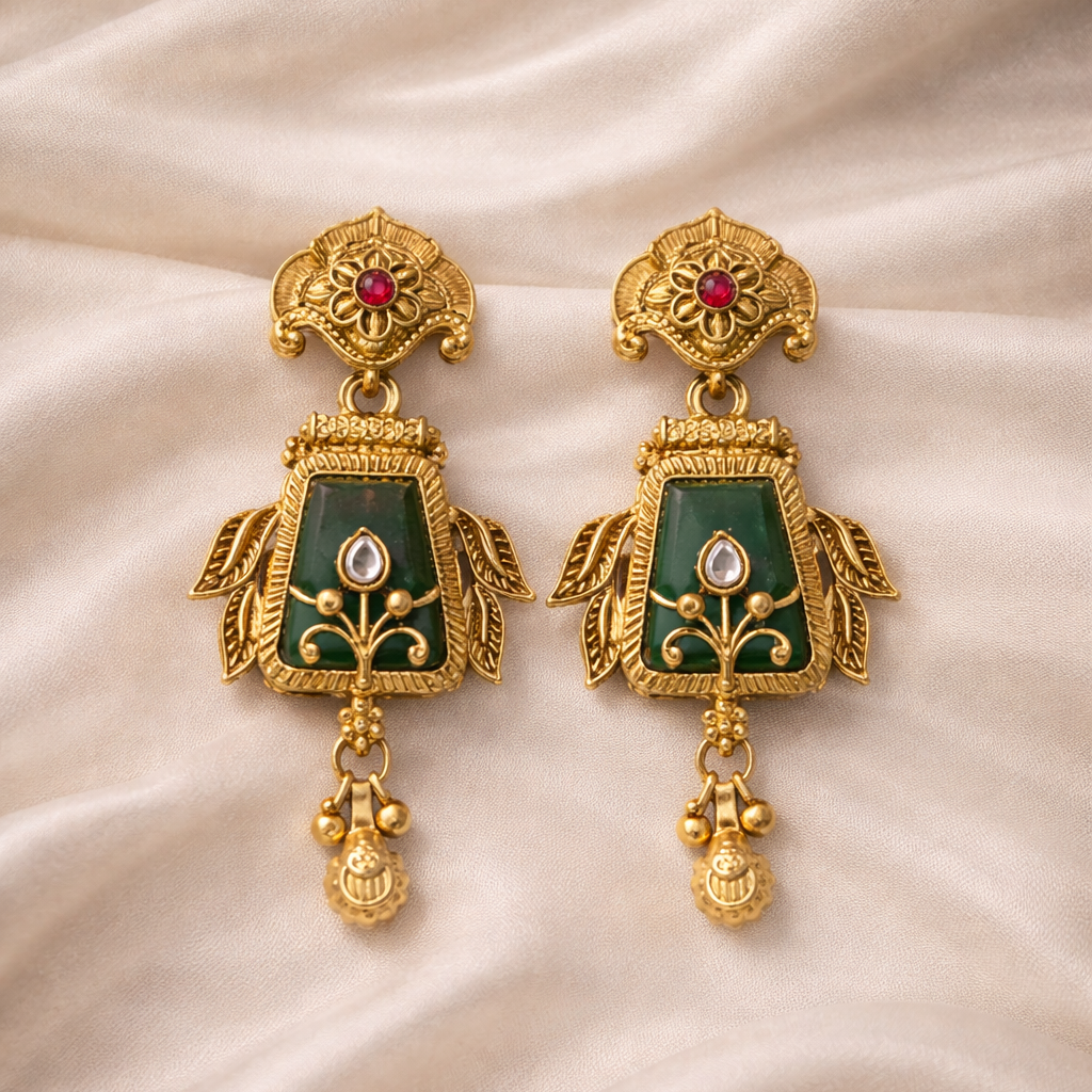 Majestic Temple Design Short Necklace with Green Stone Pendant – Antique Gold Finish Bridal Jewellery Set