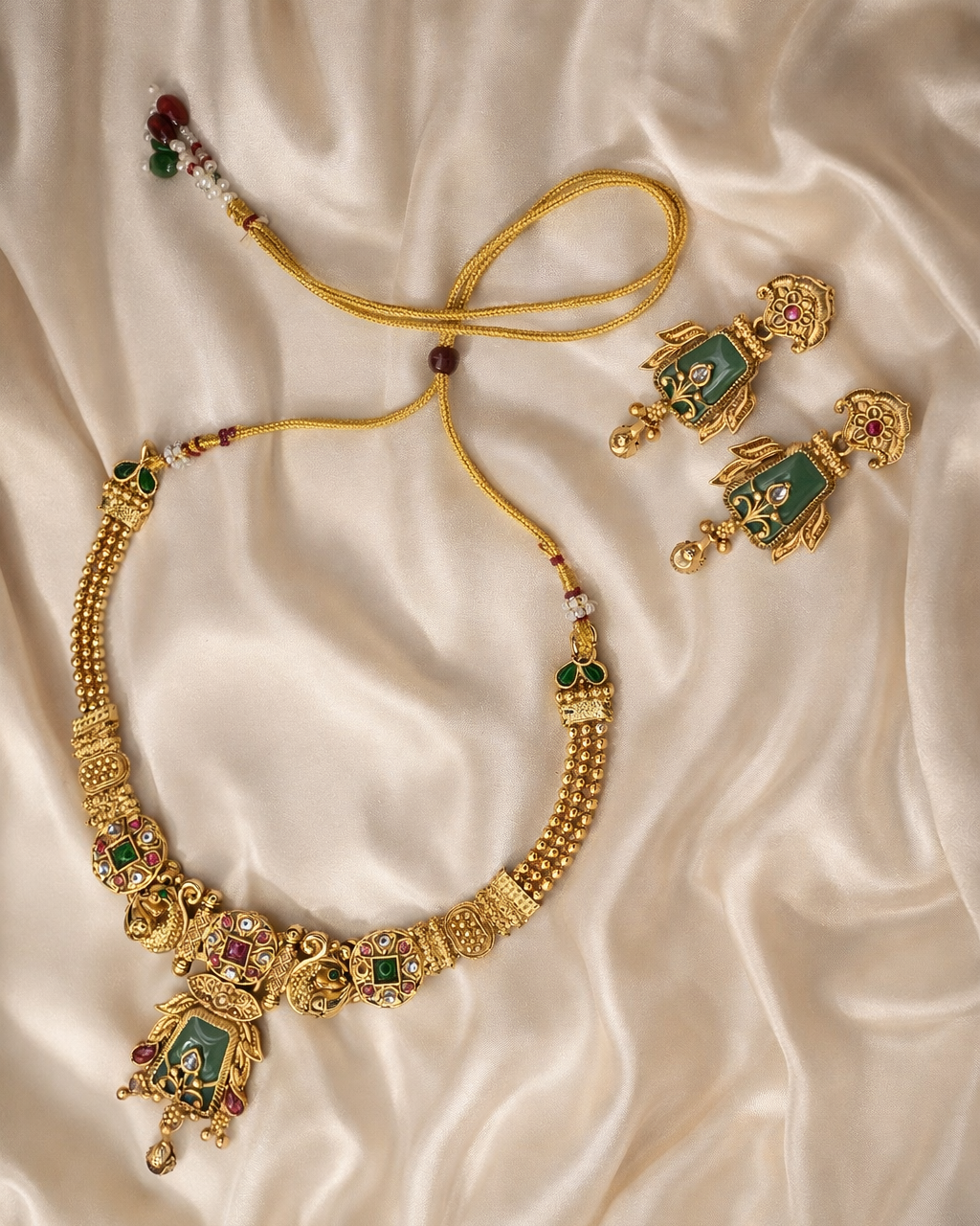 Majestic Temple Design Short Necklace with Green Stone Pendant – Antique Gold Finish Bridal Jewellery Set