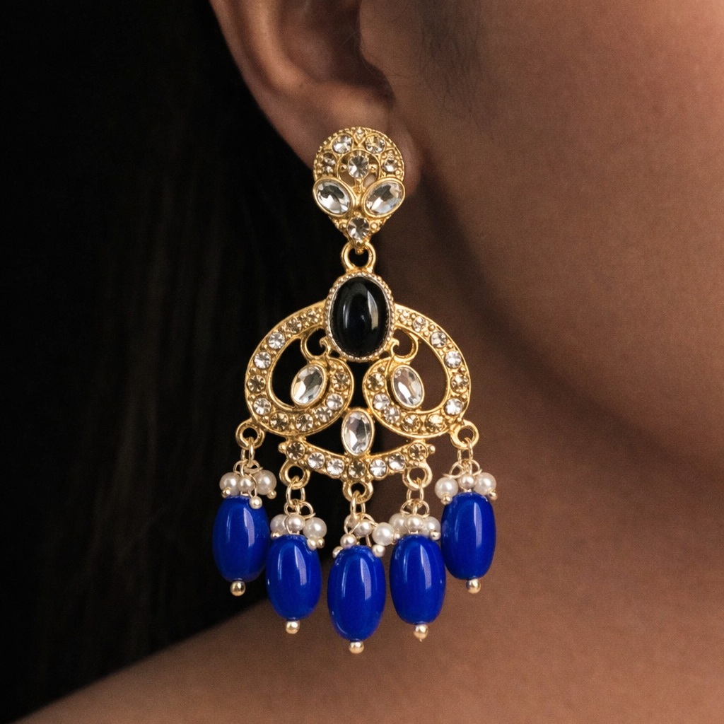 Gold Finish Crystal Chandelier Earrings with Royal Blue Bead Drops