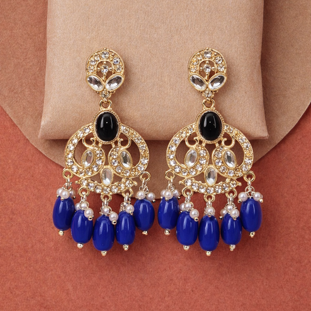 Gold Finish Crystal Chandelier Earrings with Royal Blue Bead Drops