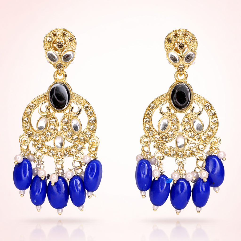 Gold Finish Crystal Chandelier Earrings with Royal Blue Bead Drops