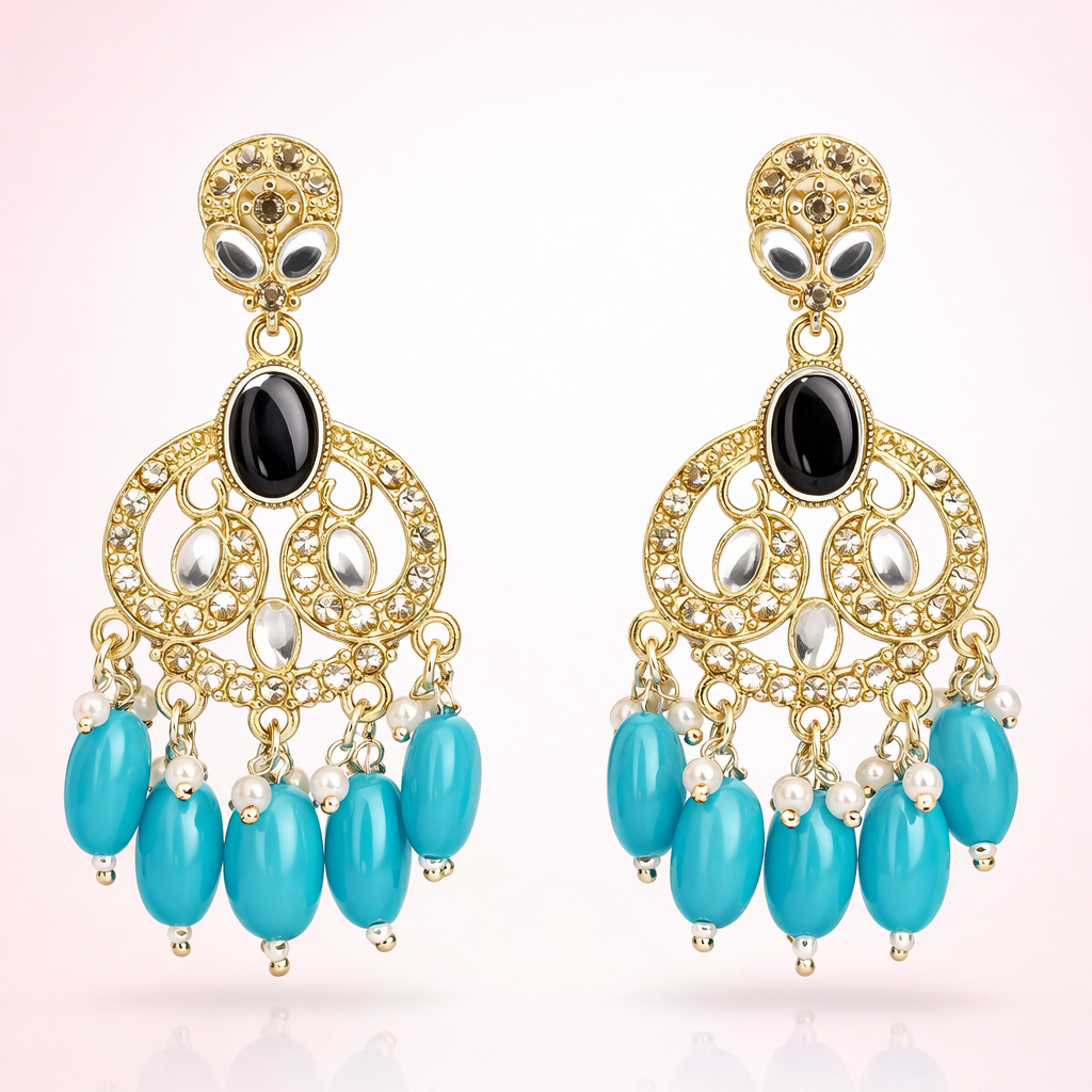Gold Finish Crystal Chandelier Earrings with Turquoise Bead Drops