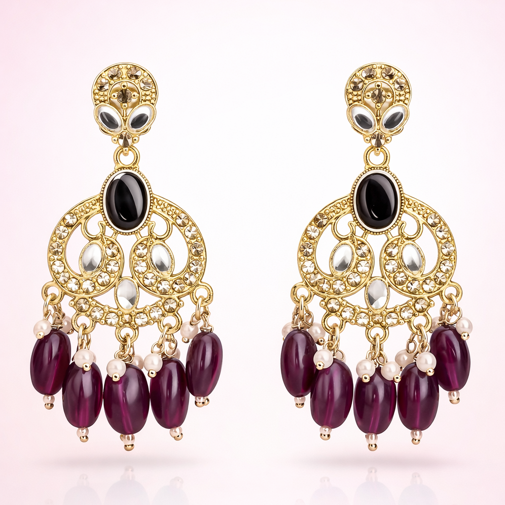 Gold Finish Crystal Chandelier Earrings with Wine-Maroon Bead Drops