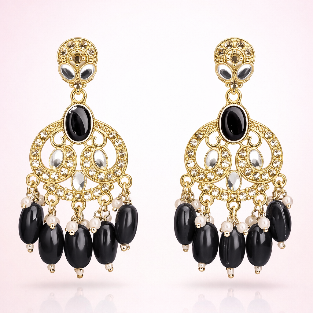 Gold Finish Crystal Chandelier Earrings with Black Bead Drops