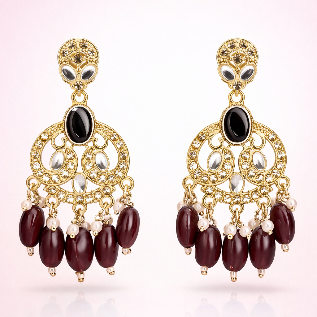 Gold Finish Crystal Chandelier Earrings with Maroon Bead Drops