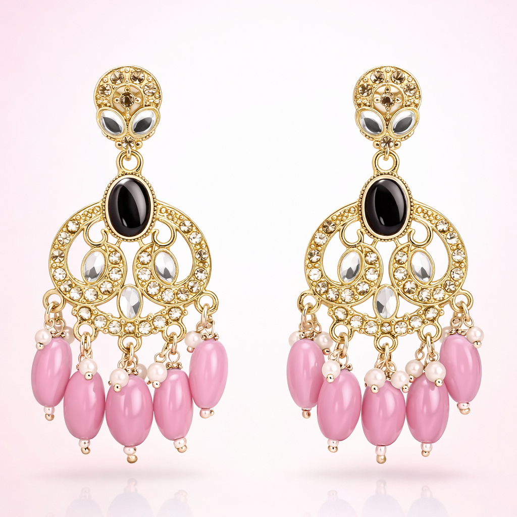 Gold Finish Crystal Chandelier Earrings with Pink Bead Drops