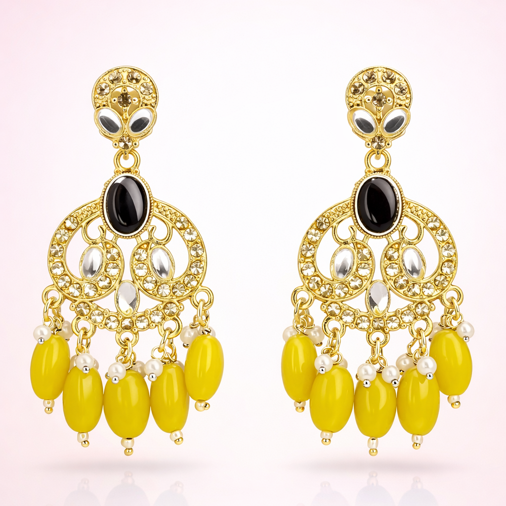 Gold Finish Crystal Chandelier Earrings with Yellow Bead Drops