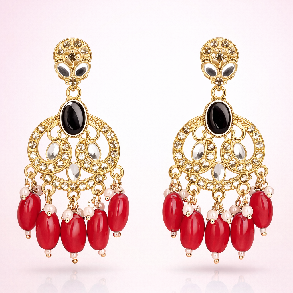 Gold Finish Crystal Chandelier Earrings with Red Bead Drops