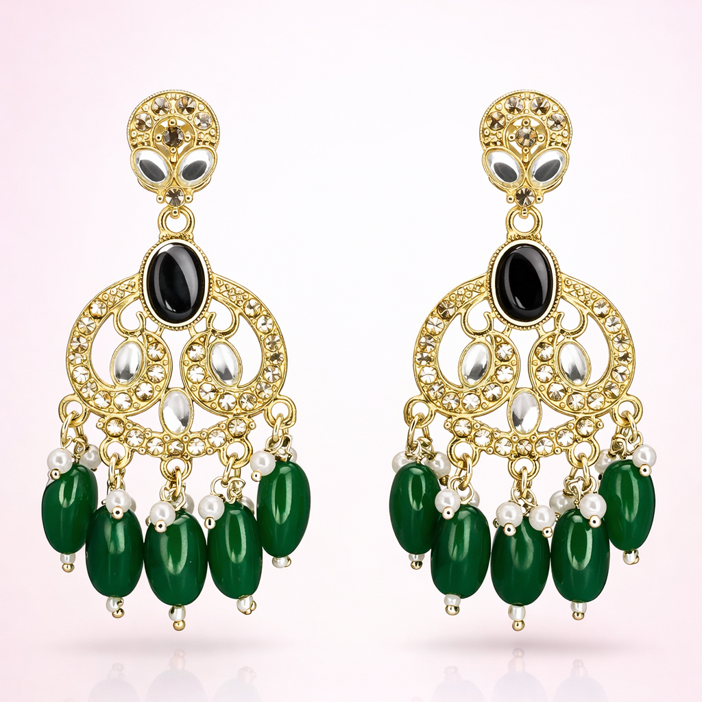 Gold Finish Crystal Chandelier Earrings with Emerald Green Bead Drops