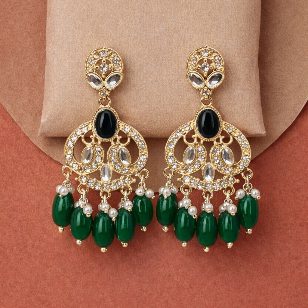 Gold Finish Crystal Chandelier Earrings with Emerald Green Bead Drops