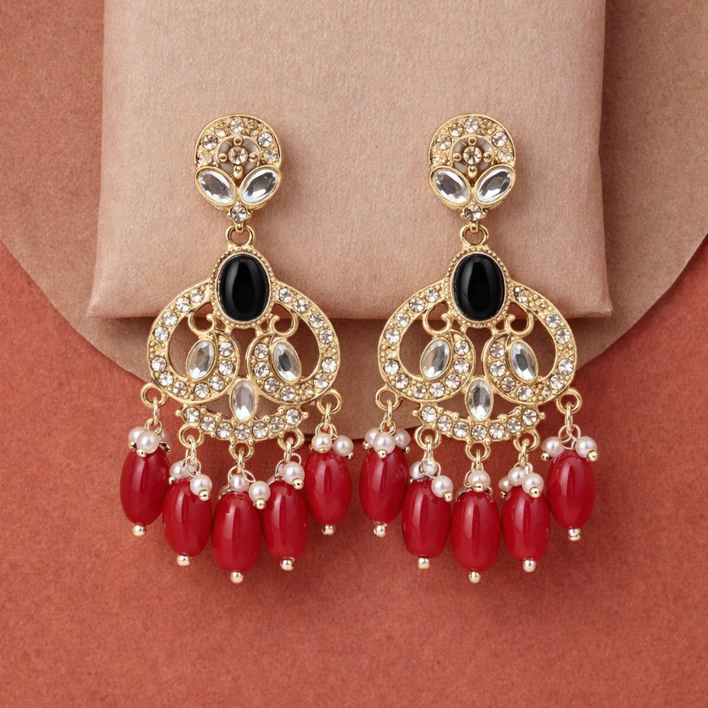 Gold Finish Crystal Chandelier Earrings with Red Bead Drops