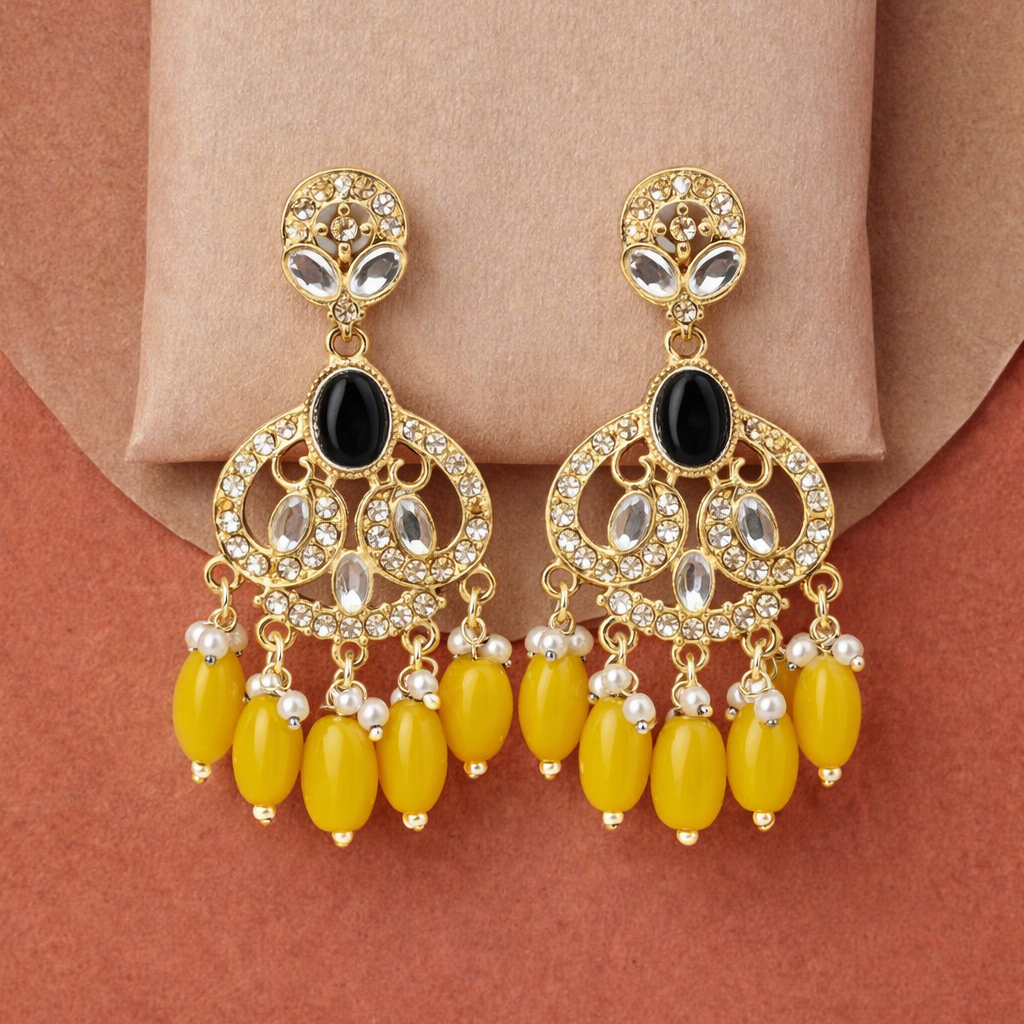 Gold Finish Crystal Chandelier Earrings with Yellow Bead Drops