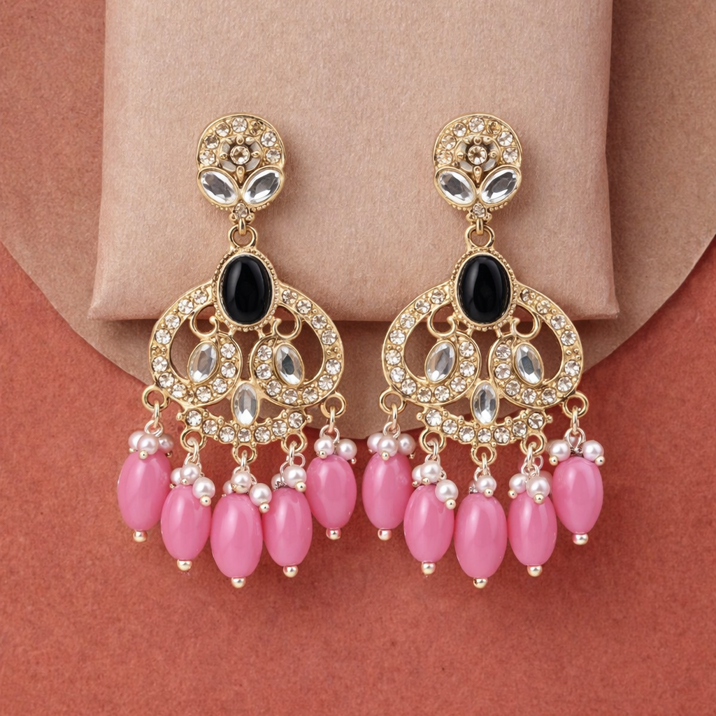 Gold Finish Crystal Chandelier Earrings with Pink Bead Drops