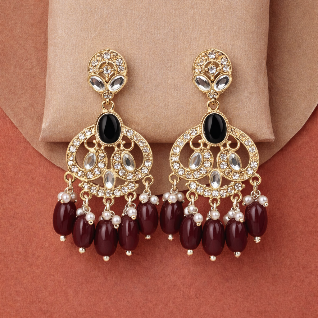 Gold Finish Crystal Chandelier Earrings with Maroon Bead Drops