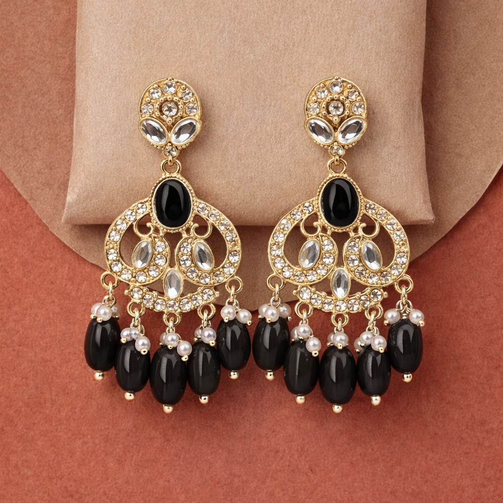 Gold Finish Crystal Chandelier Earrings with Black Bead Drops