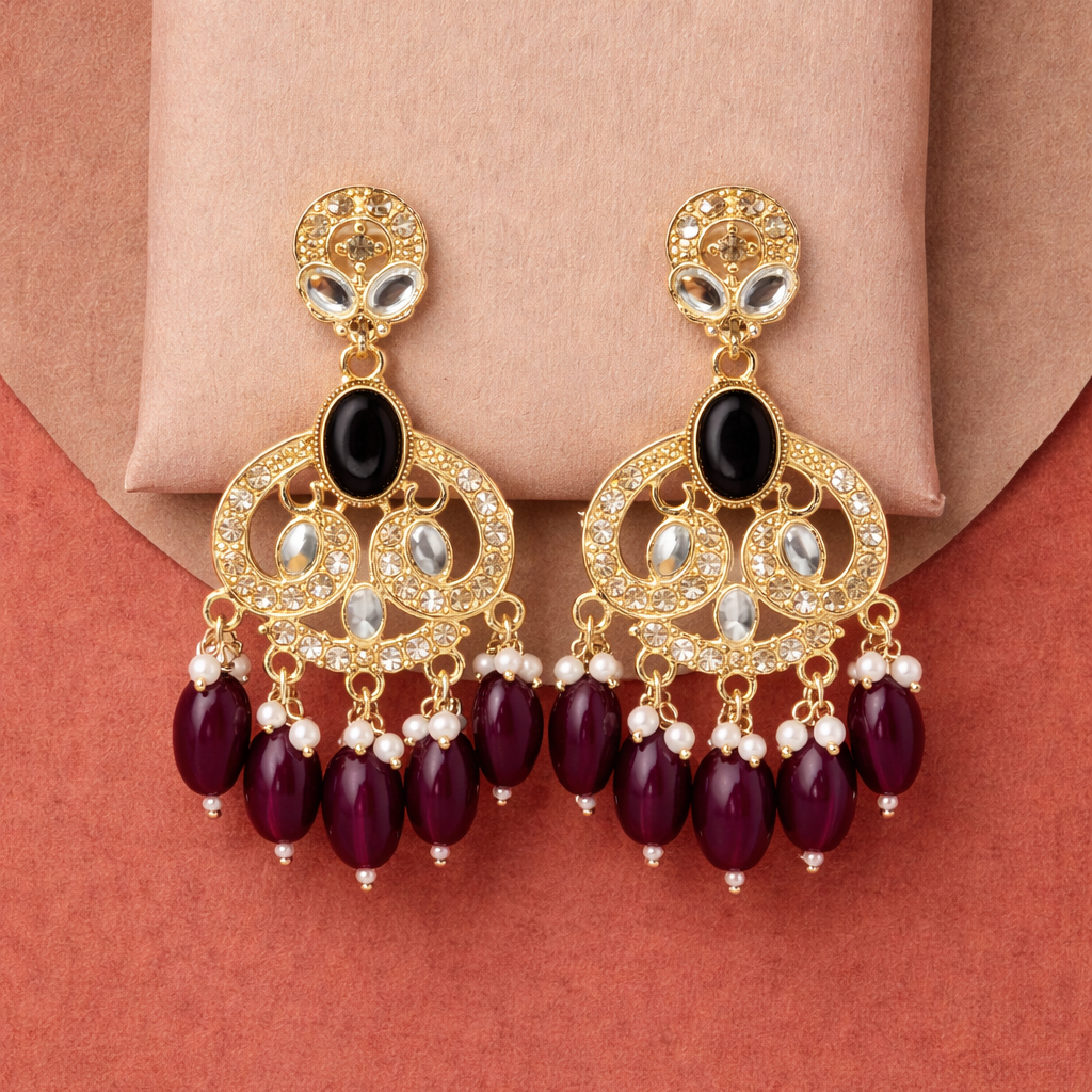 Gold Finish Crystal Chandelier Earrings with Wine-Maroon Bead Drops