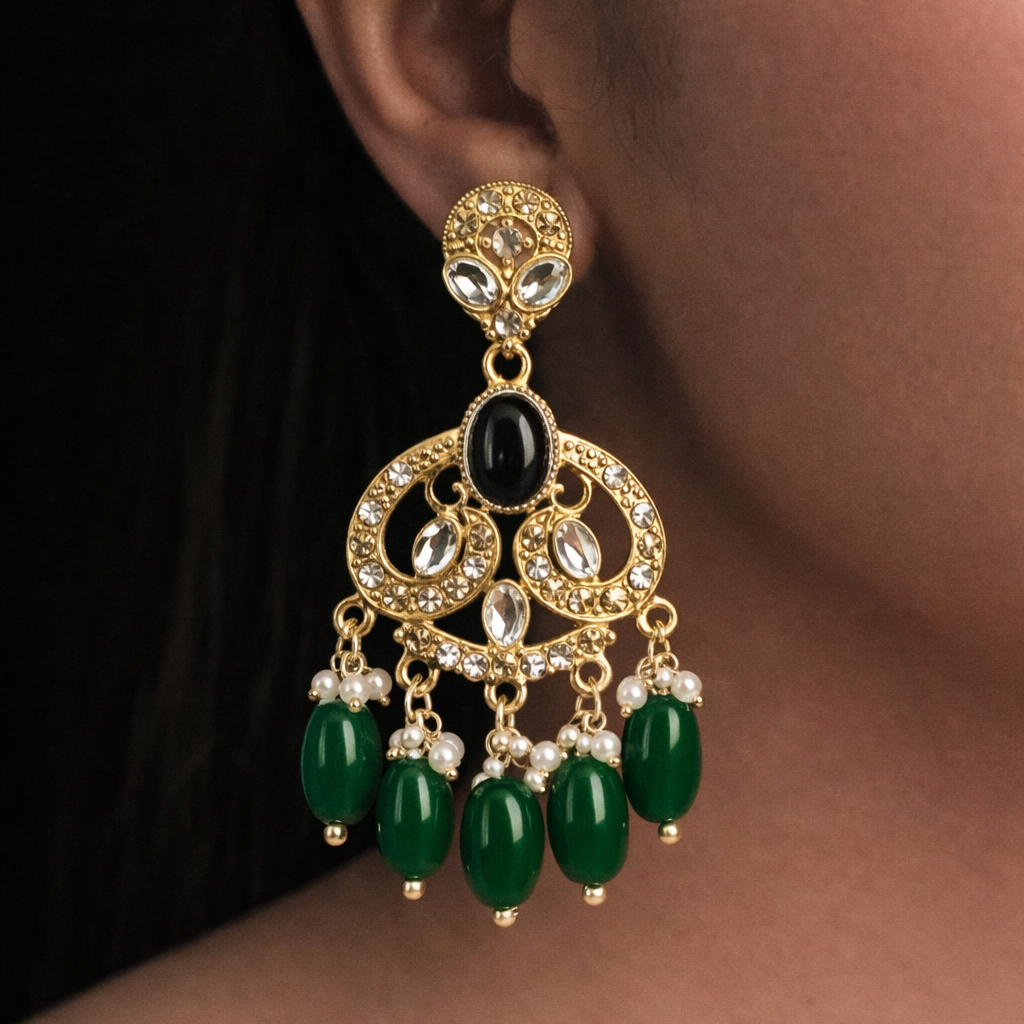 Gold Finish Crystal Chandelier Earrings with Emerald Green Bead Drops