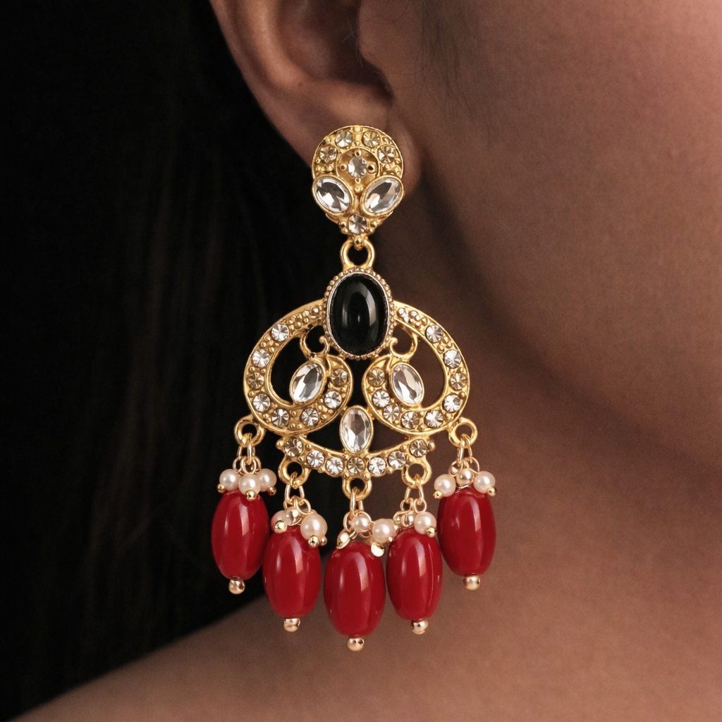 Gold Finish Crystal Chandelier Earrings with Red Bead Drops