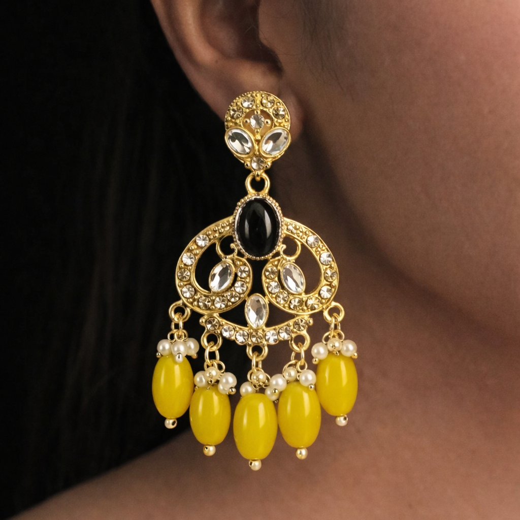 Gold Finish Crystal Chandelier Earrings with Yellow Bead Drops