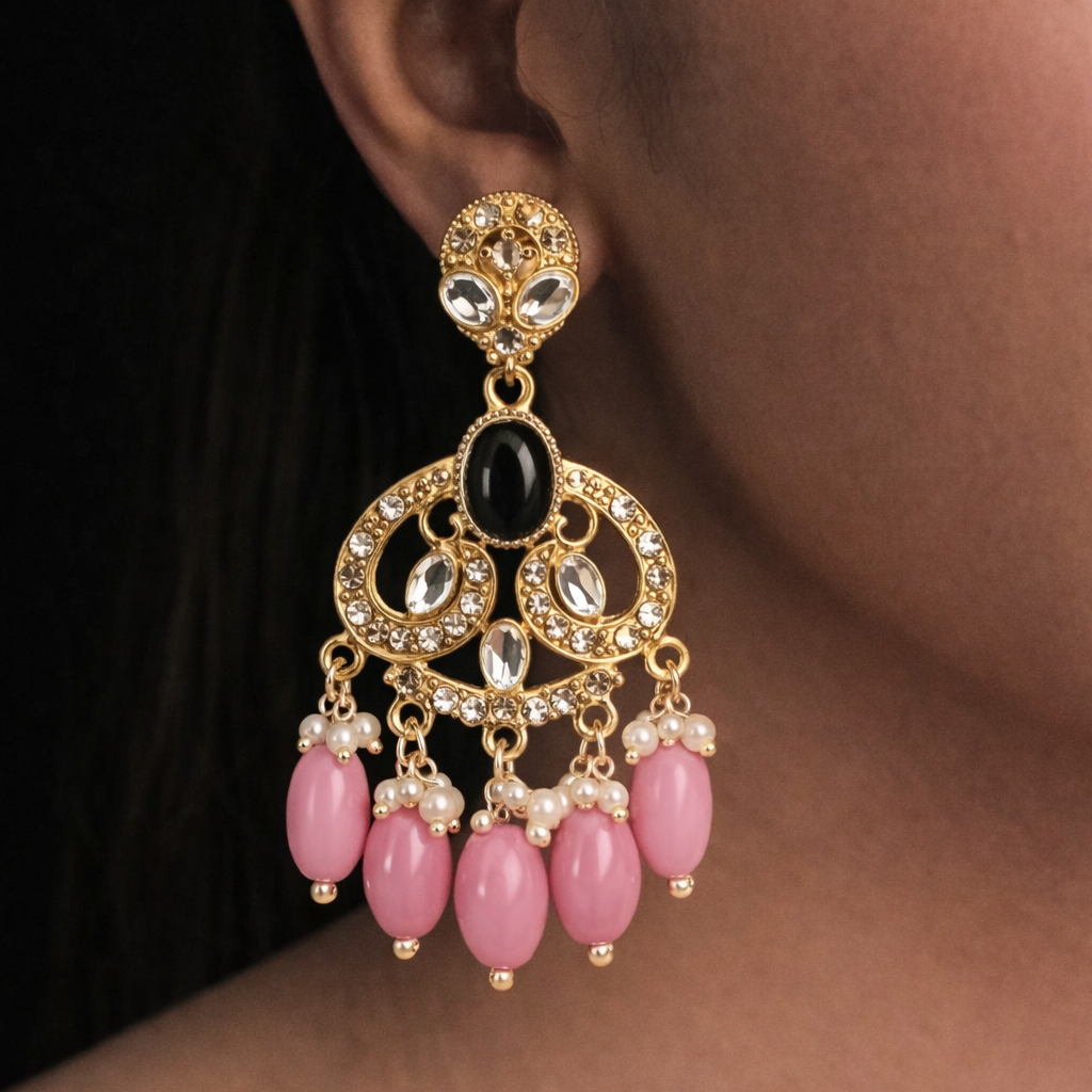 Gold Finish Crystal Chandelier Earrings with Pink Bead Drops