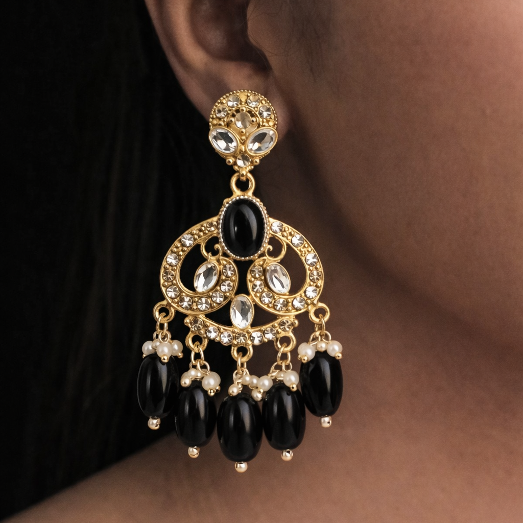 Gold Finish Crystal Chandelier Earrings with Black Bead Drops