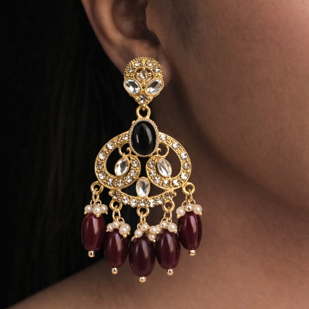 Gold Finish Crystal Chandelier Earrings with Maroon Bead Drops