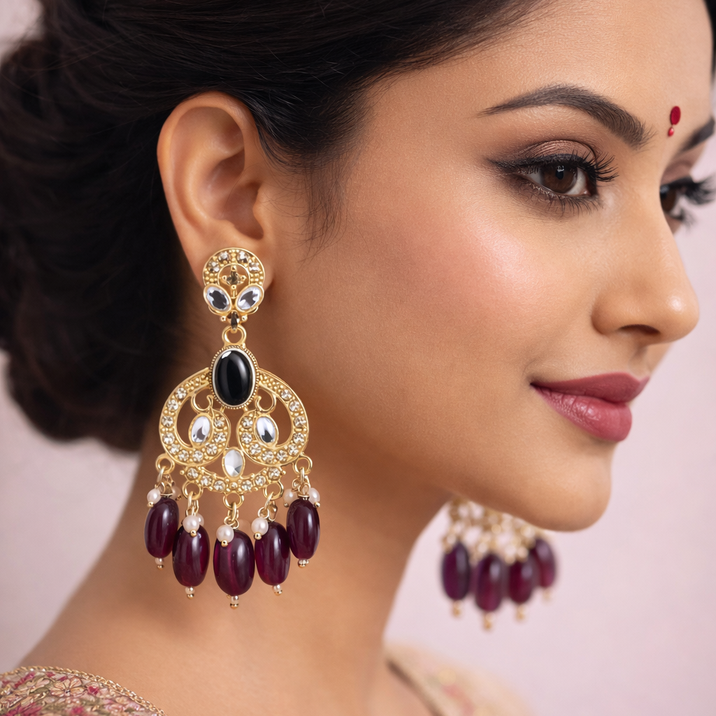 Gold Finish Crystal Chandelier Earrings with Wine-Maroon Bead Drops