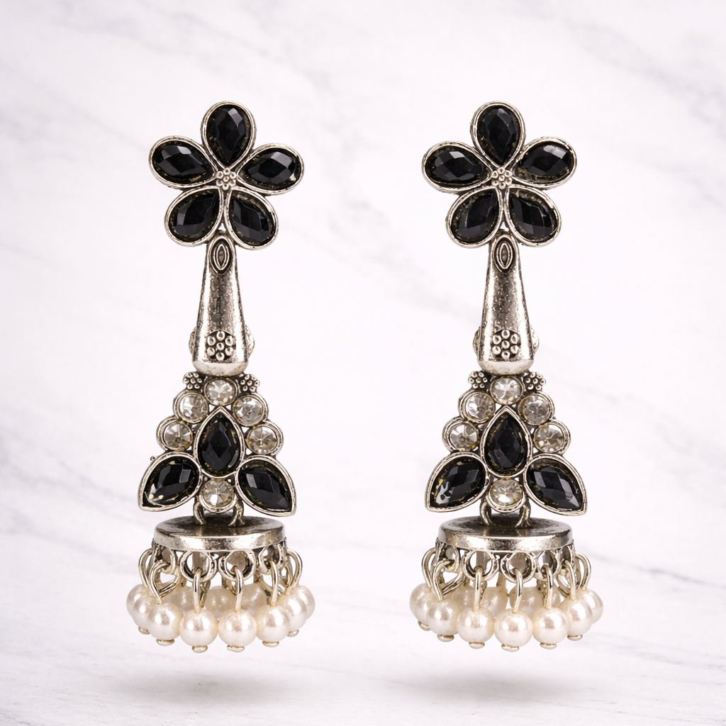 Oxidised Silver Black Stone Jhumka Earrings with Pearl Drops