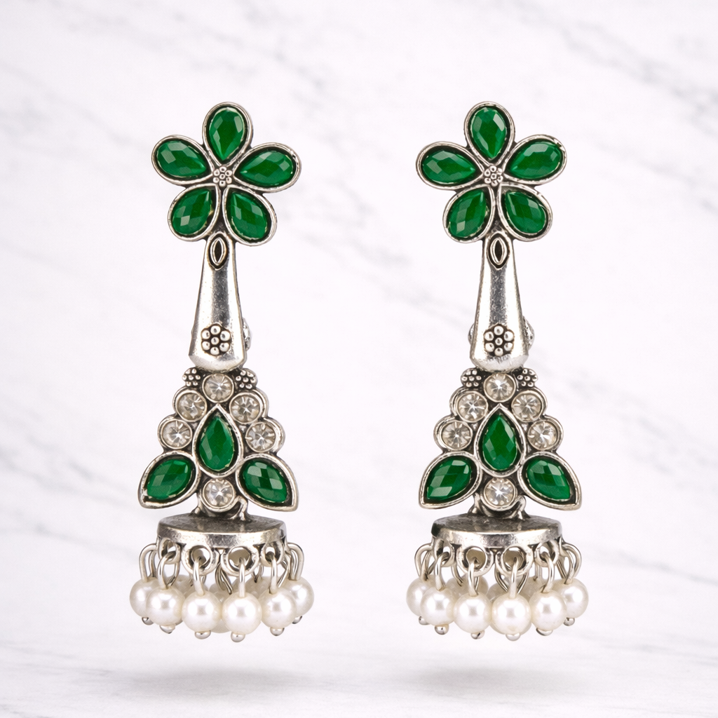 Oxidised Silver Green Stone Jhumka Earrings with Pearl Drops