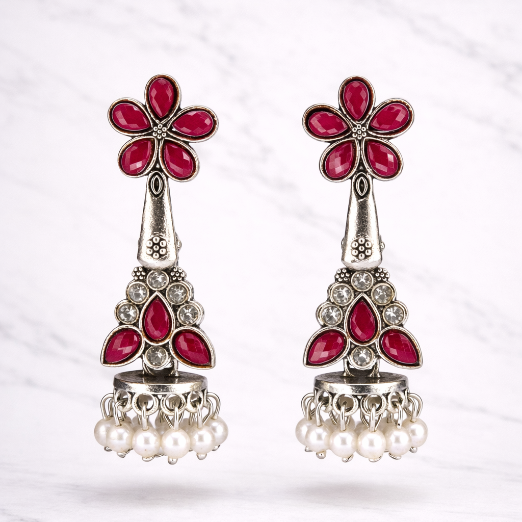 Oxidised Silver Rich Maroon Stone Jhumka Earrings with Pearl Drops