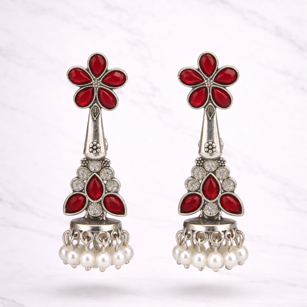 Oxidised Silver Red Stone Floral Jhumka Earrings with Pearl Drops