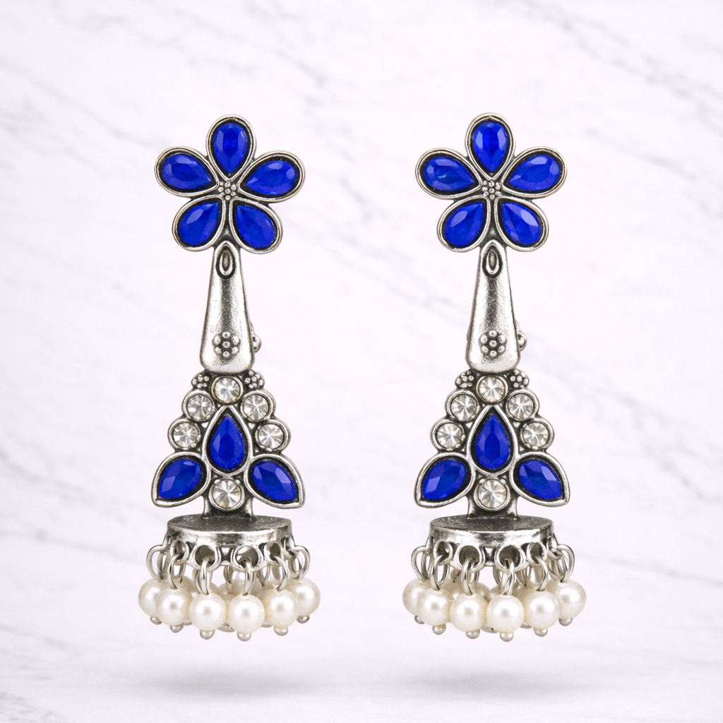 Oxidised Silver Blue Stone Jhumka Earrings with Pearl Drops