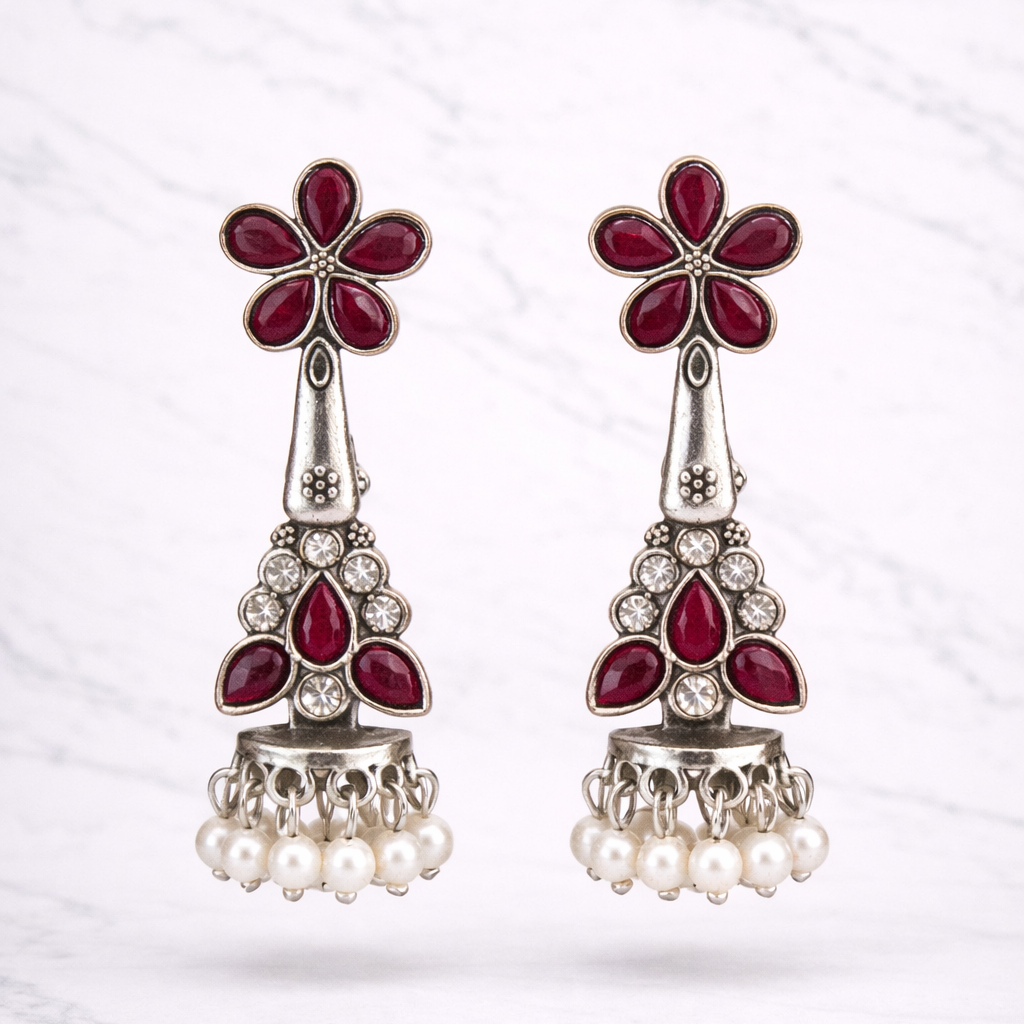 Oxidised Silver Maroon Floral Jhumka Earrings with Pearl Drops