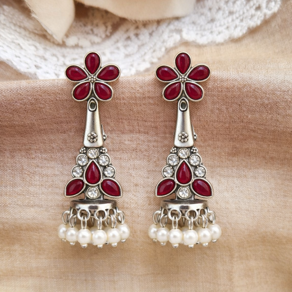 Oxidised Silver Rich Maroon Stone Jhumka Earrings with Pearl Drops