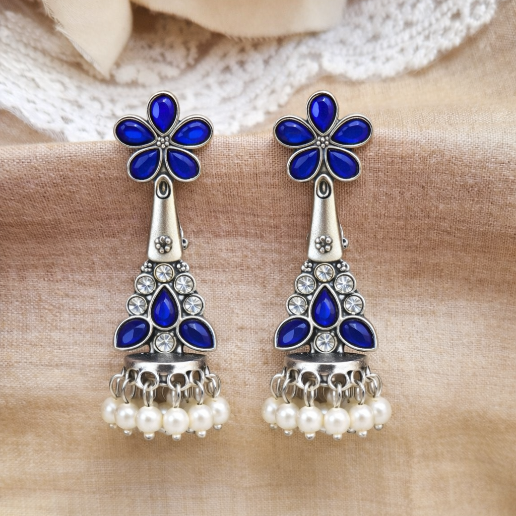 Oxidised Silver Blue Stone Jhumka Earrings with Pearl Drops