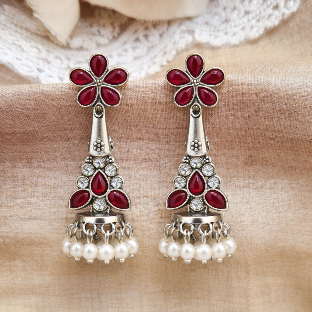 Oxidised Silver Red Stone Floral Jhumka Earrings with Pearl Drops