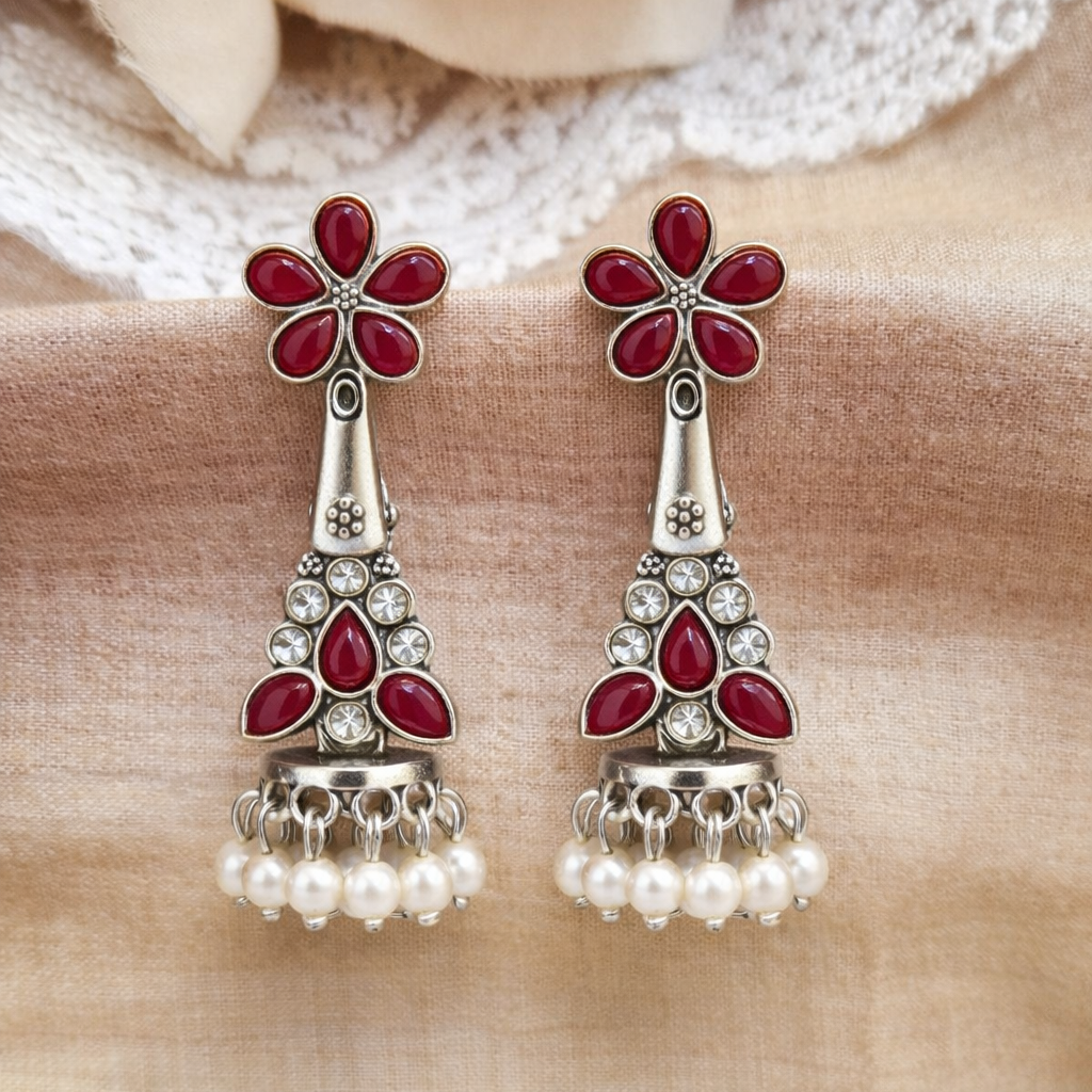 Oxidised Silver Maroon Floral Jhumka Earrings with Pearl Drops
