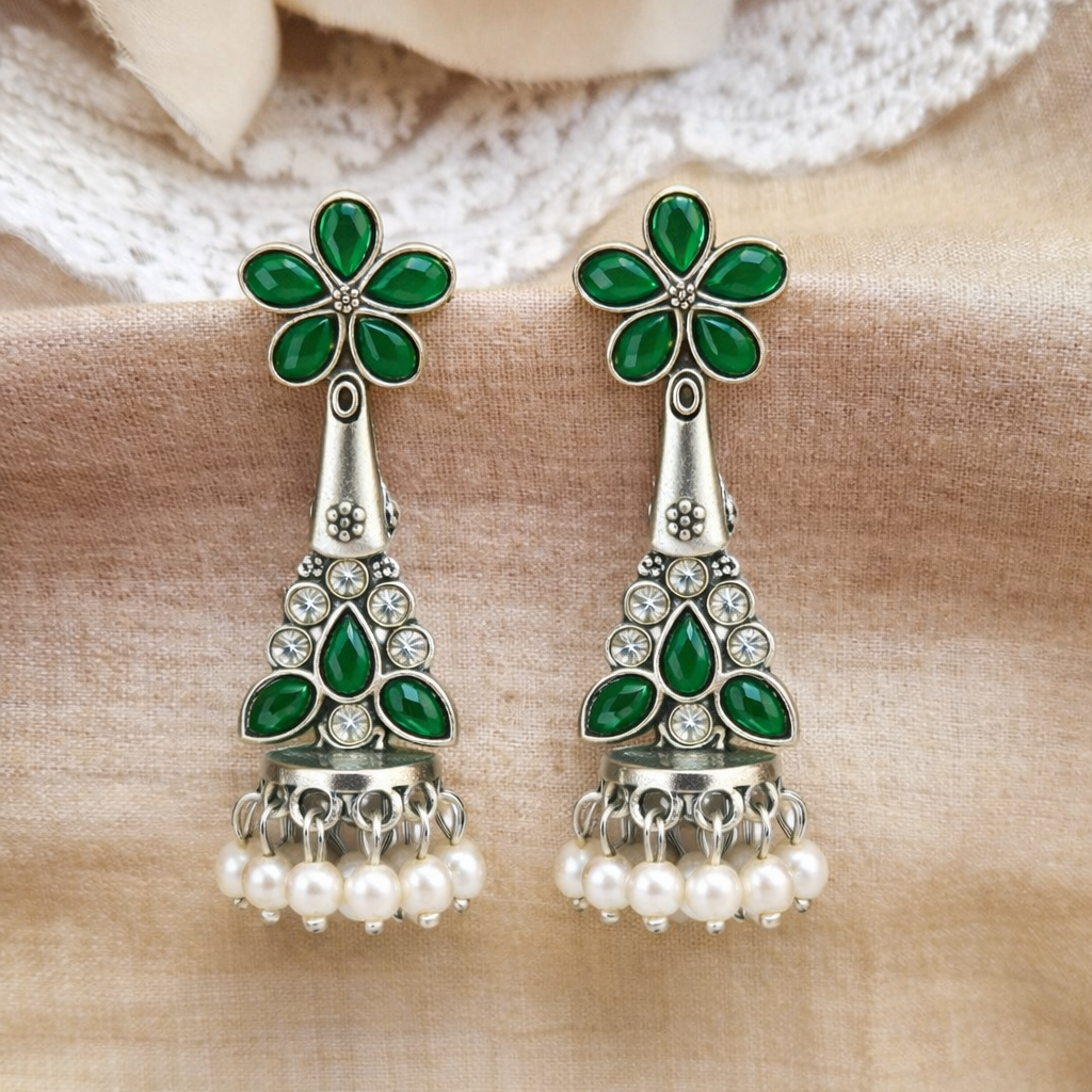 Oxidised Silver Green Stone Jhumka Earrings with Pearl Drops
