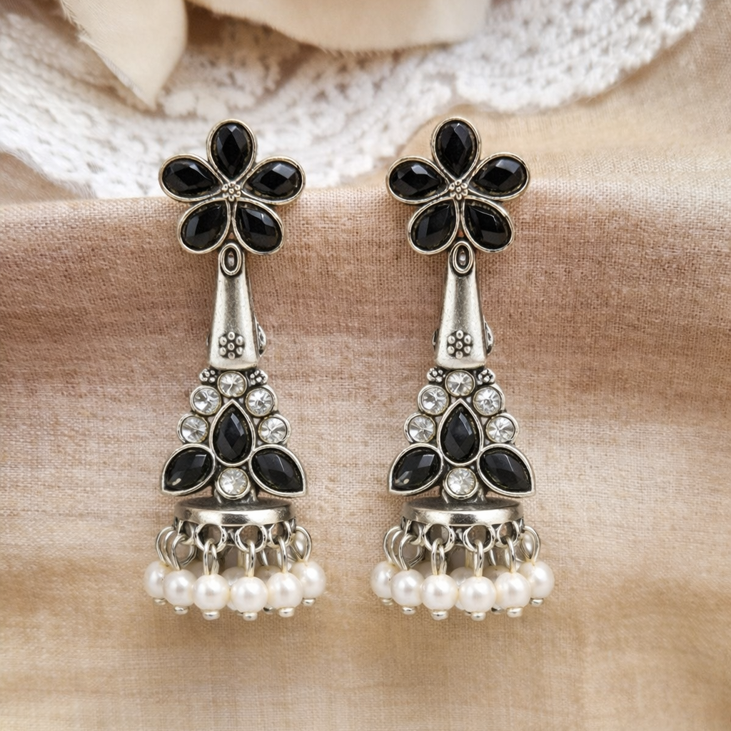 Oxidised Silver Black Stone Jhumka Earrings with Pearl Drops
